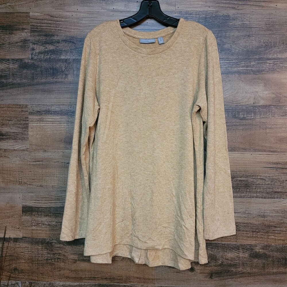 Susan Graver Tunic Top Size L Heathered Tan Soft Comfort Knit Button Back - Picture 1 of 8